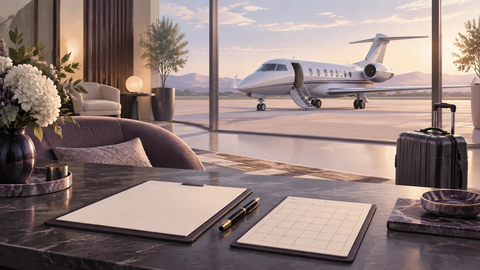 Illustration of blank itinerary and calendar sheets on a lounge desk, with a carry-on and a generic private jet outside