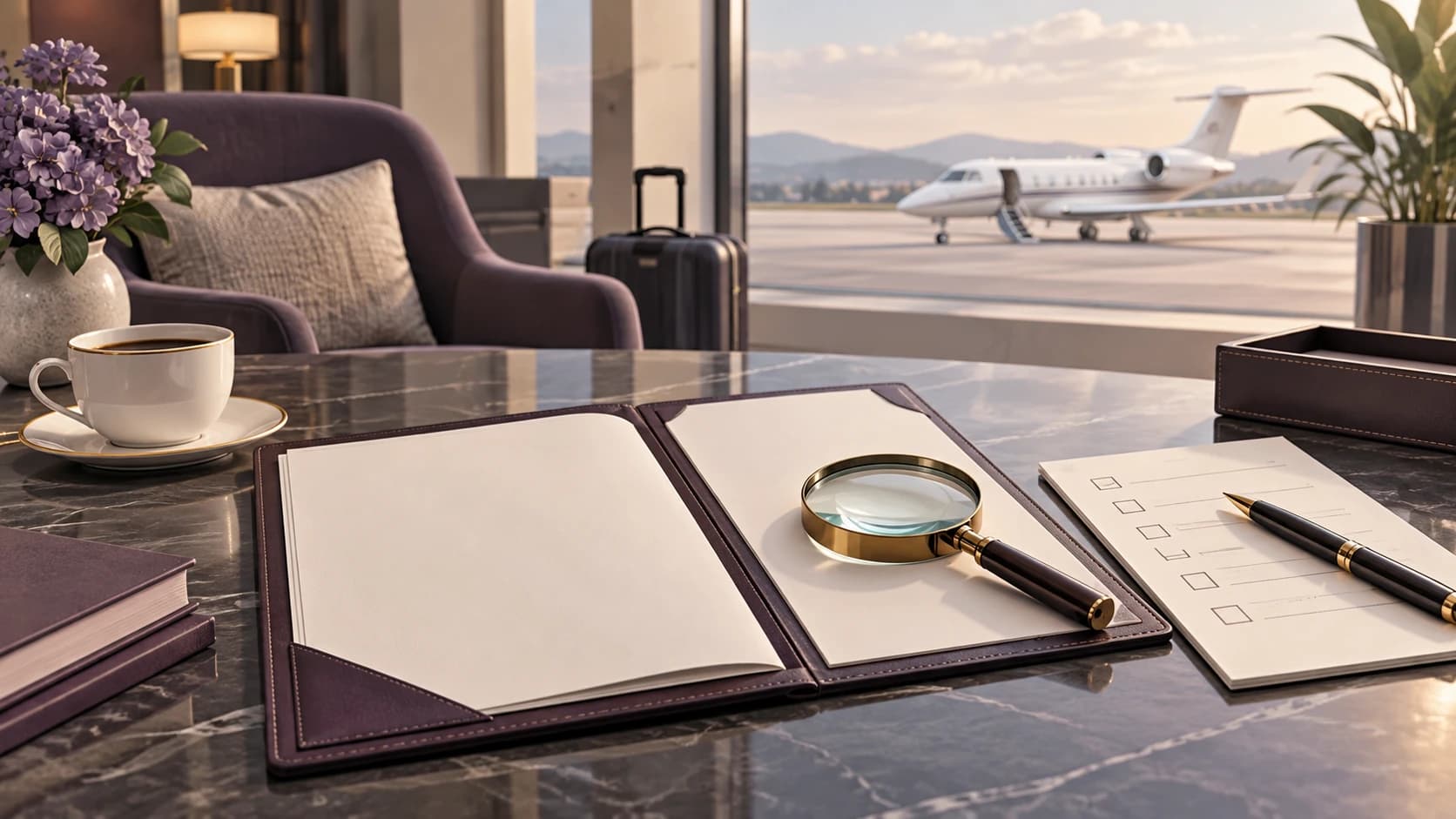 Illustration of a blank document folder, magnifying glass and checklist on a lounge table, with an unbranded private jet in the distance