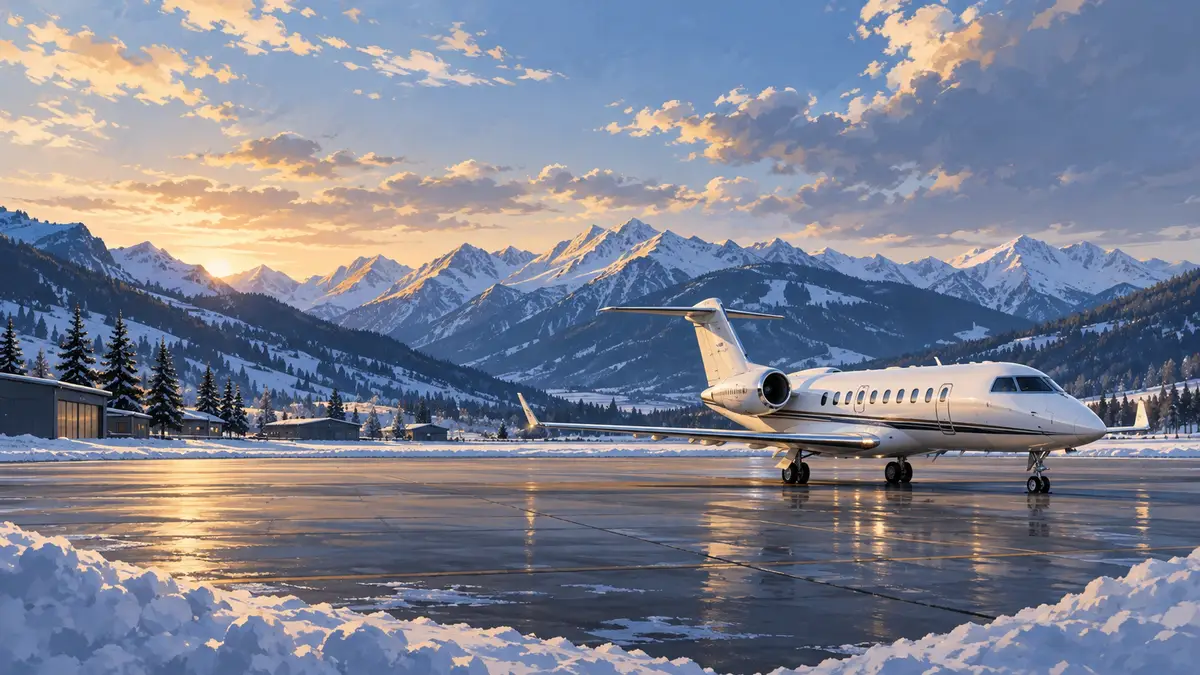 Illustration of a white private jet parked on a snowy apron at sunset with mountains behind.