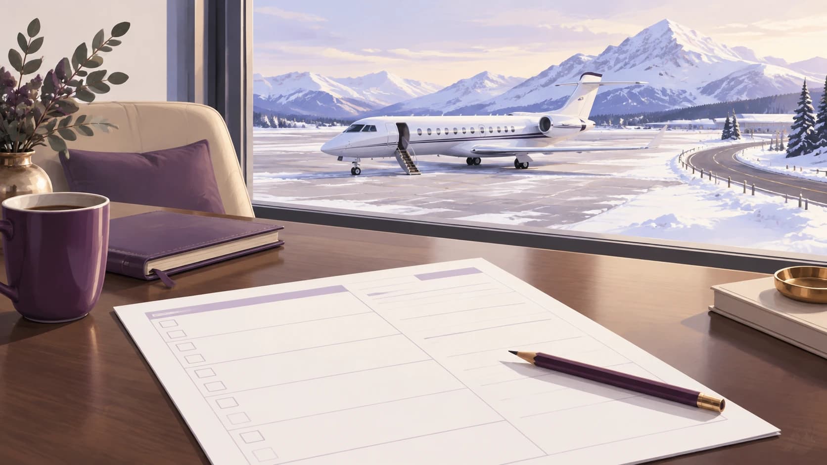 Illustration of a planning checklist on a desk beside a window overlooking a private jet on a snowy airfield with mountains and a plowed road