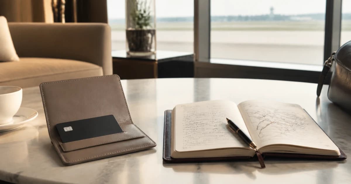 A card and open notebook on a lounge table