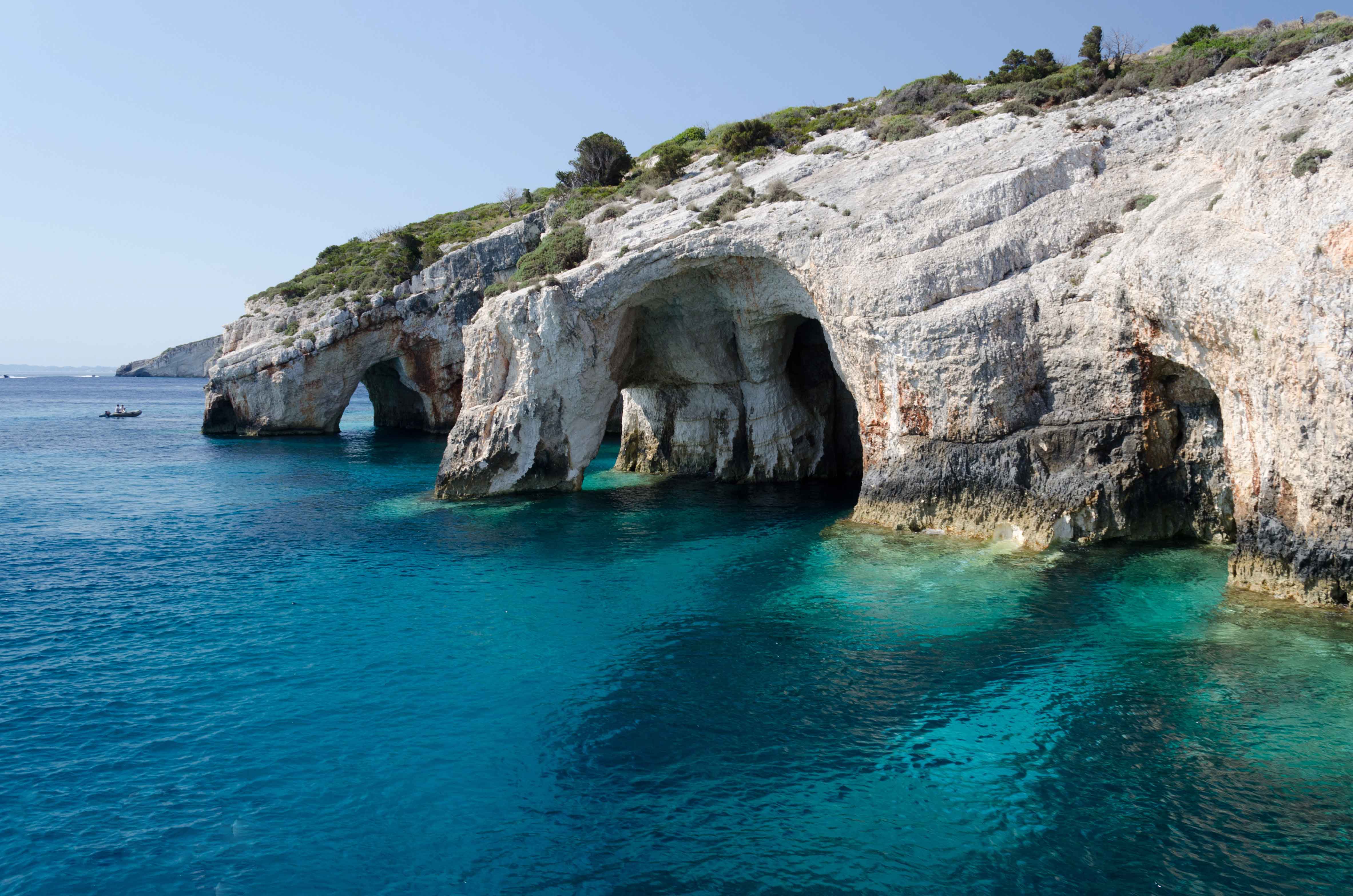 Coastal caves and blue water at Zakynthos, Greece