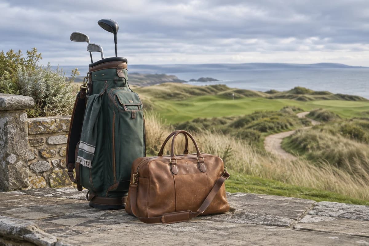 AI-generated illustration of a golf bag and travel bag overlooking a coastal links golf course