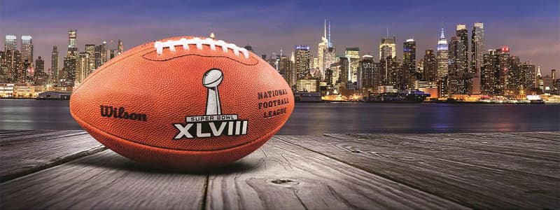 Super Bowl XLVIII football with a city skyline behind it