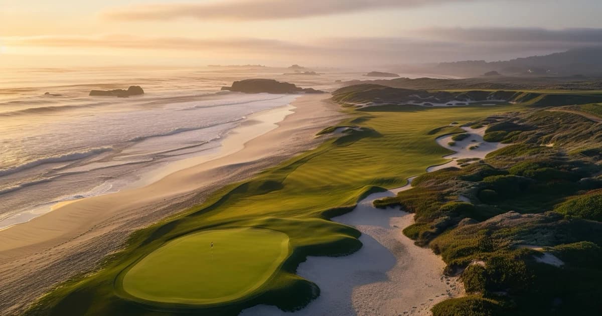 Coastal golf course beside a sandy beach at sunrise