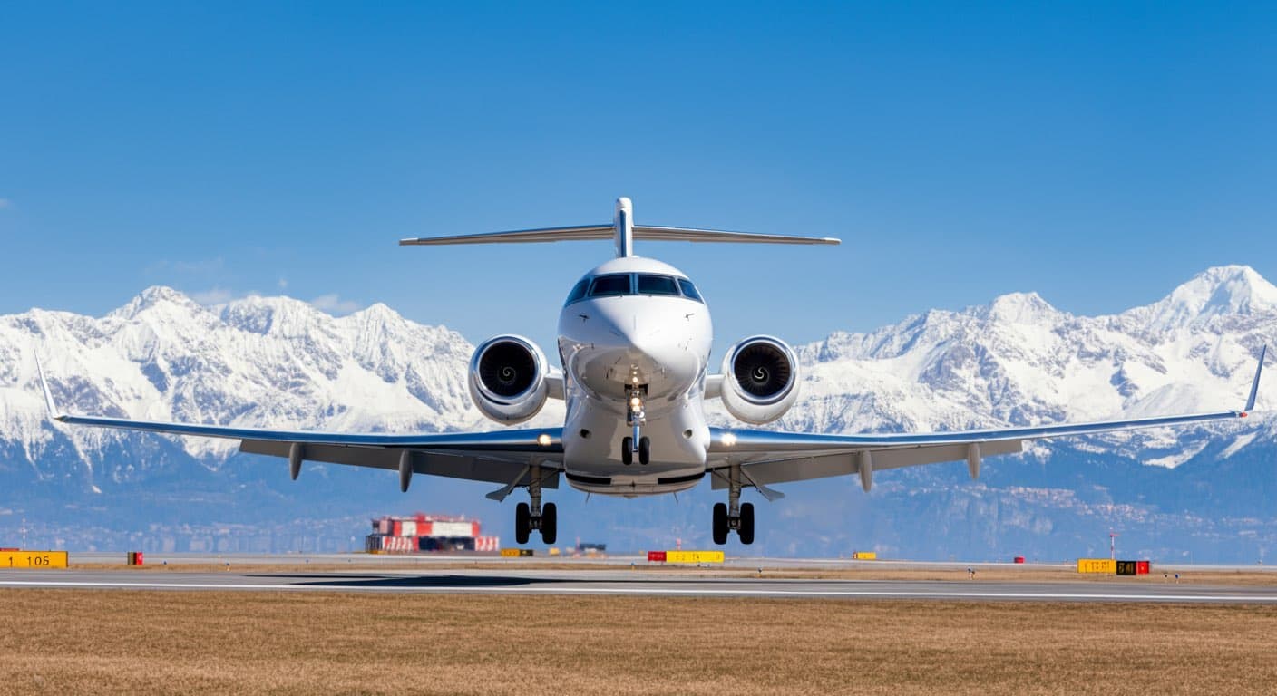 AI-generated illustration of private jet viewed from the front with snow-covered mountains beyond