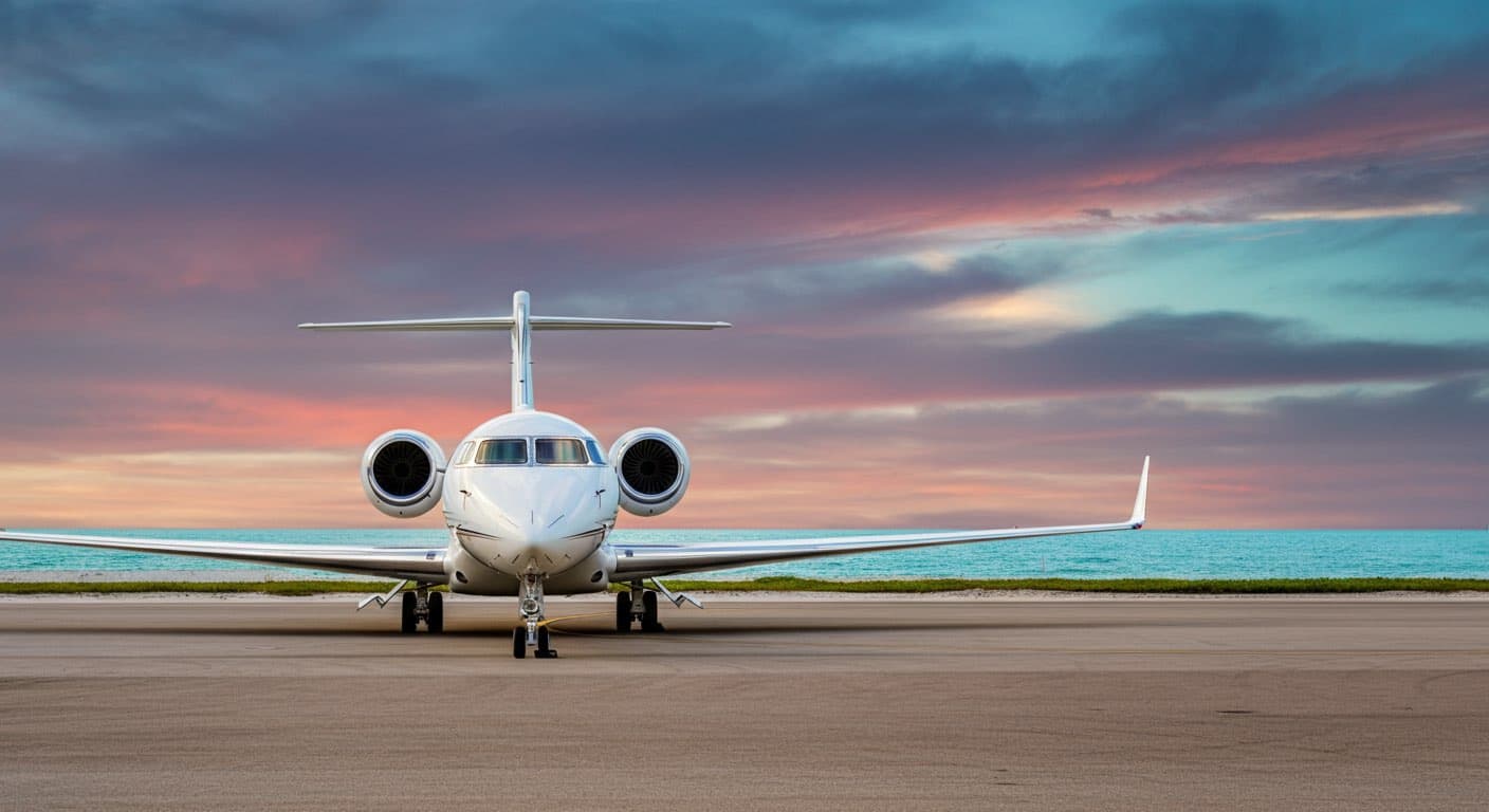 AI-generated illustration of private jet viewed from the front at sunset