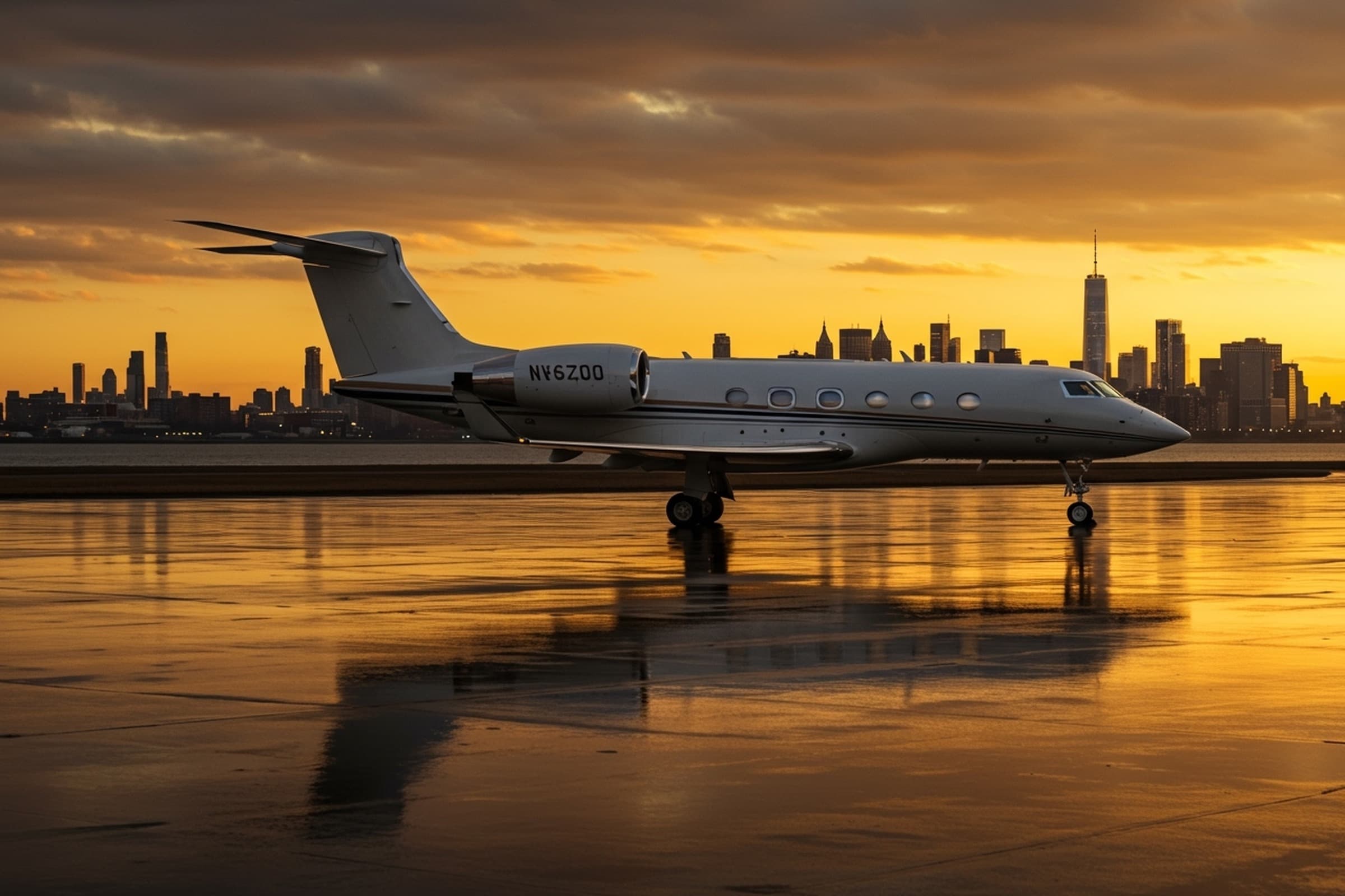 Private jet on a wet apron with a city skyline at sunset